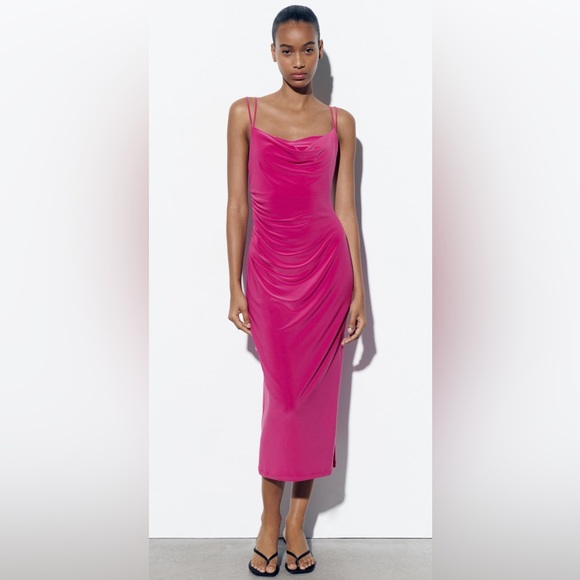 ZARA DRESS WITH DRAPED NECKLINE SIZE S/M FUCHSIA 1165/134 NWT - Picture 2 of 5